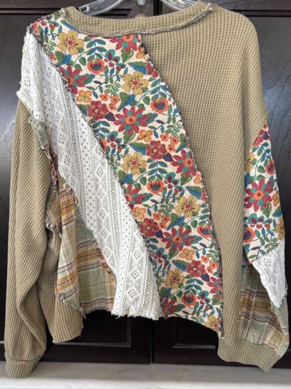POL Boho Patchwork Floral & Knit V-Neck Sweatshirt - Beige Multicolor - Picture 3 of 3